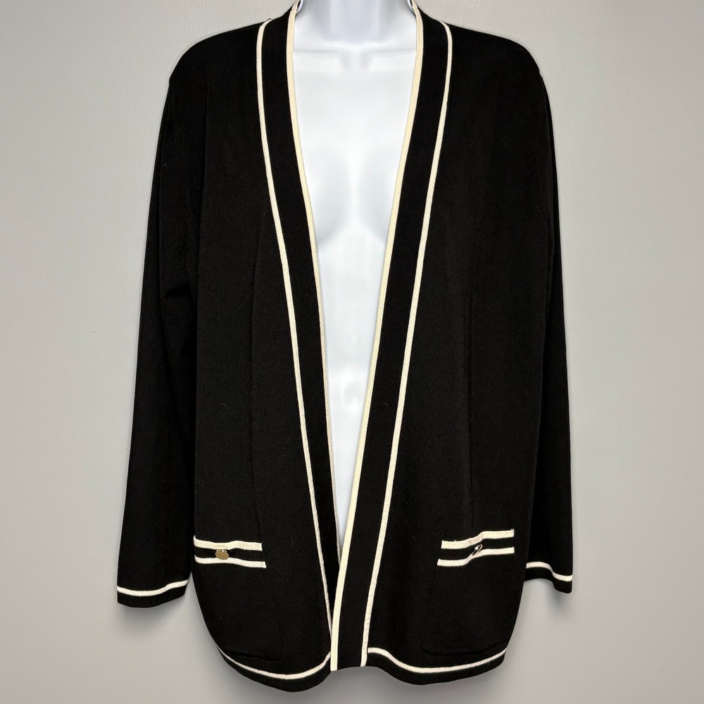 Anne Klein Black White Classic Minimalist Open Front Preppy Office Cardigan Sz L